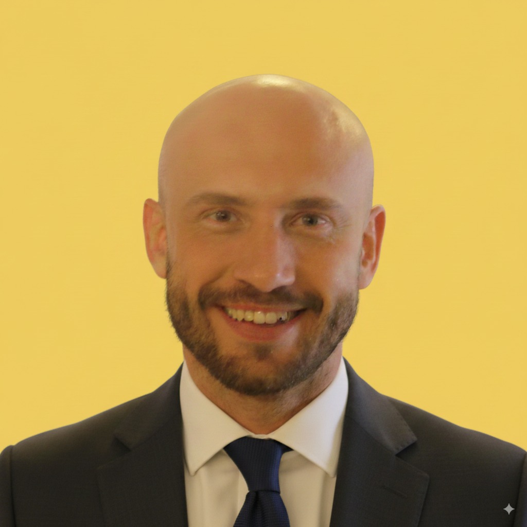 Enhanced professional profile photo with suit and yellow background